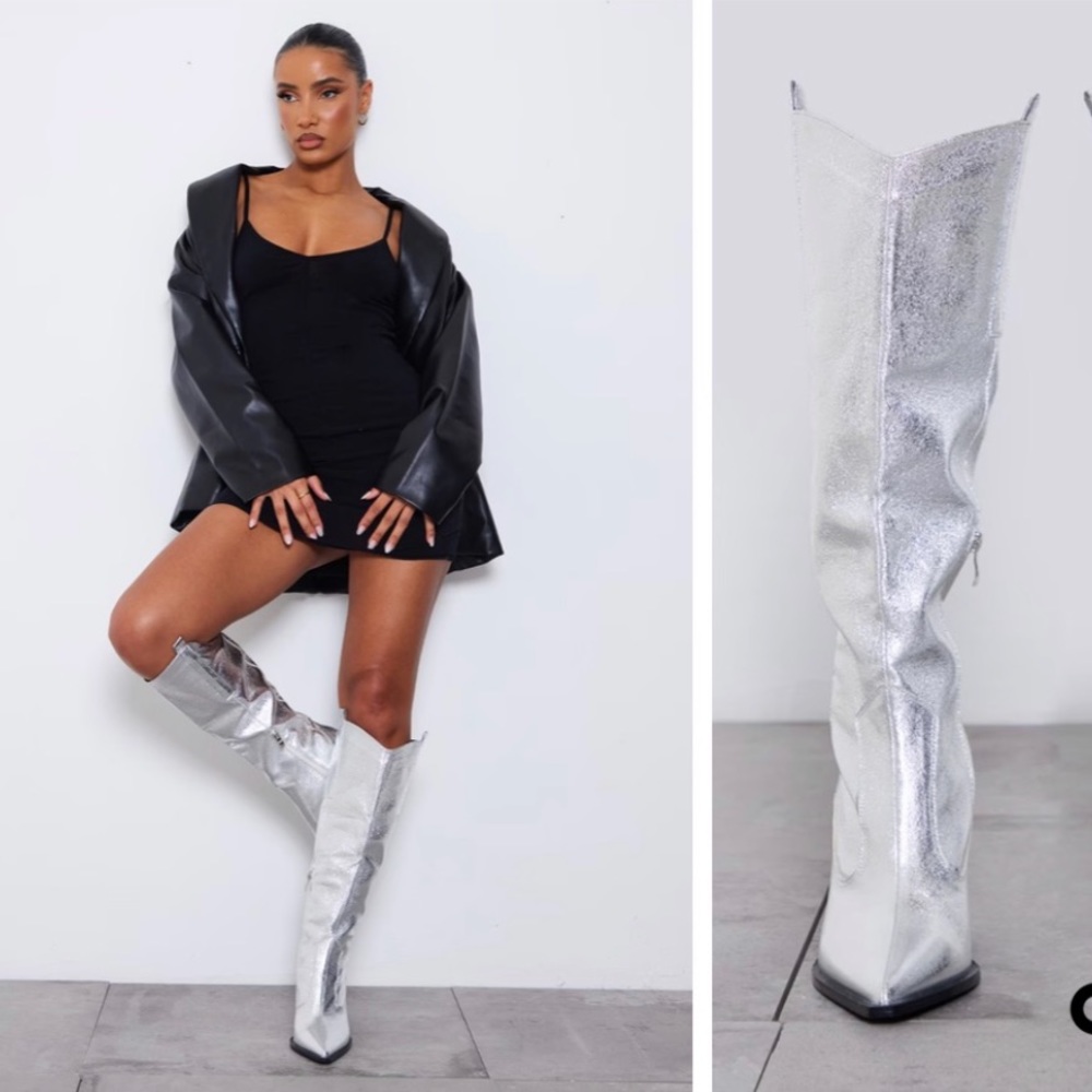 Silver pointed toe over knee cowboy boots